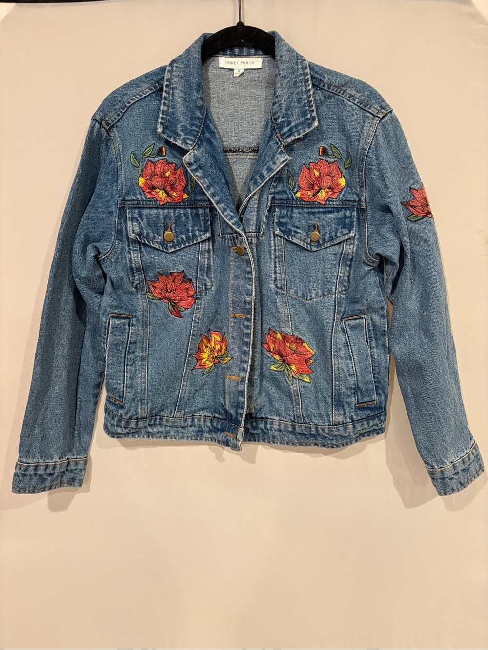 Honey Punch Blue Denim Jacket with Red & Yellow Floral Patches